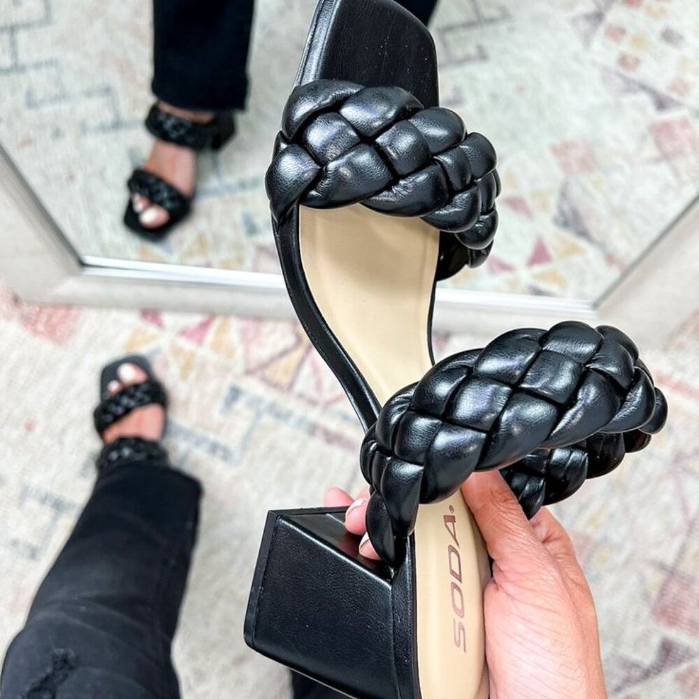 Black Braided Double-band Block Heel Sandals 8M